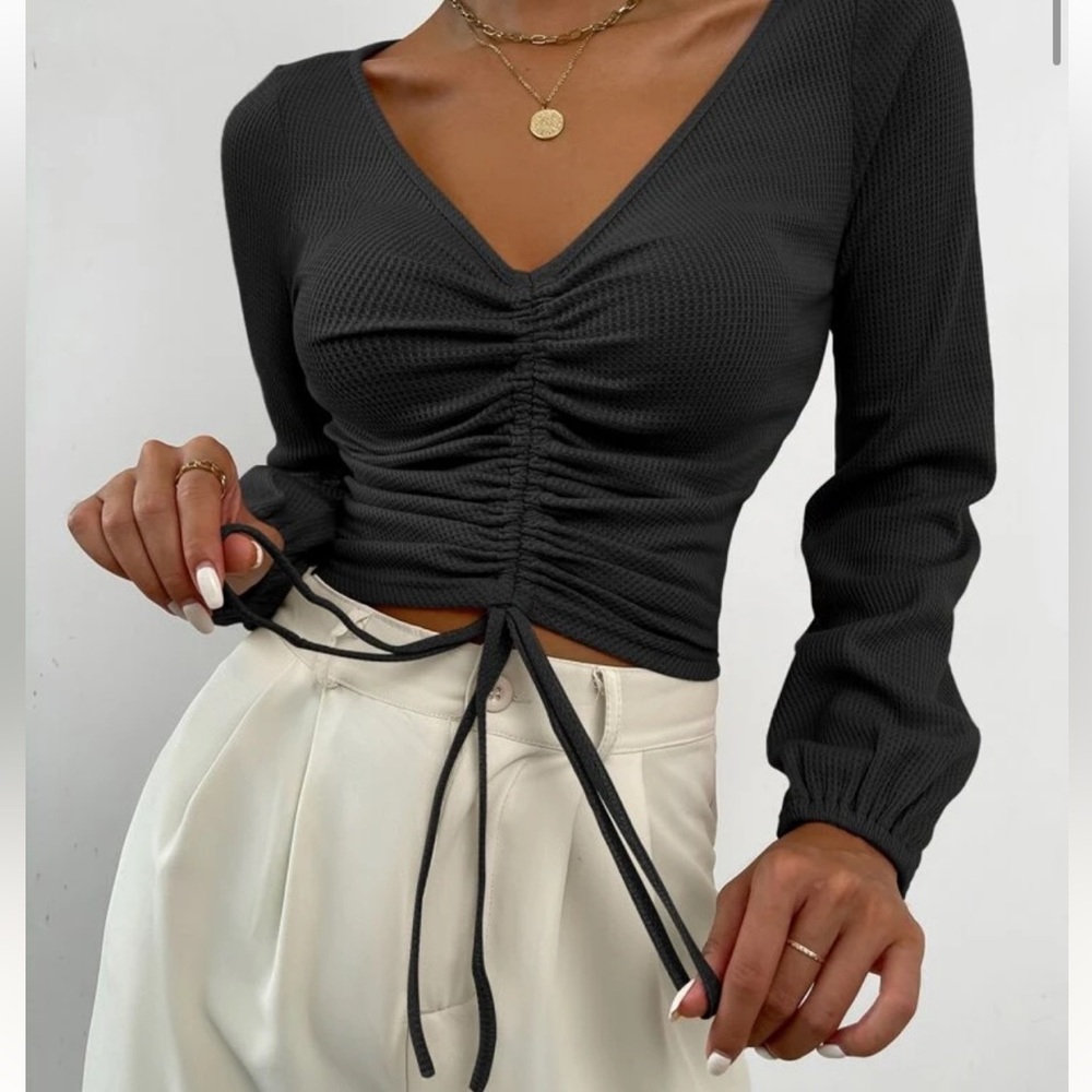 SHEIN Black Ruched V-Neck Blouse